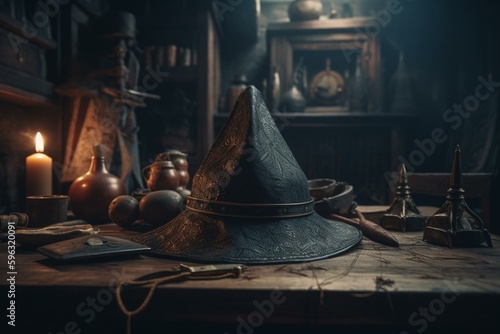 Ritual gear & wizard hat in ancient alchemy quarters. Generative AI