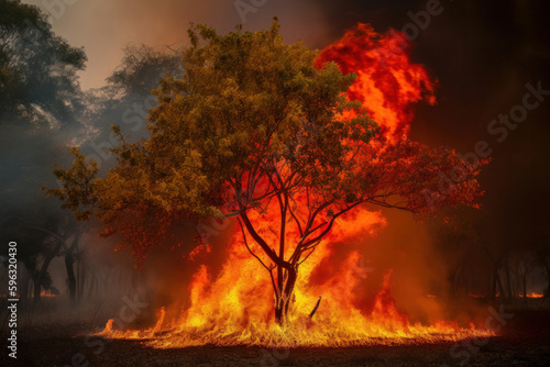 A tree engulfed in flames against a fiery sunrise, a striking reminder of the danger and impact of natural disasters. AI Generative © sorapop