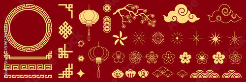 Tablou canvas Chinese traditional patterns, flowers, lanterns, clouds, elements and ornaments