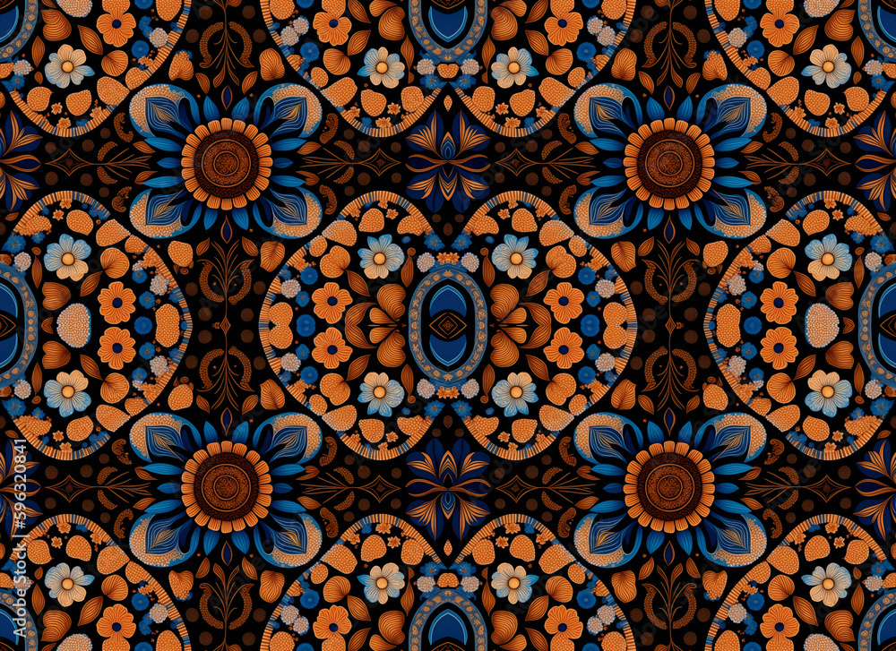 Wallpaper of floral daisies shapes for decorative rapport. pattern of flowers and leaves on a black background for tapestries prints. Generative AI