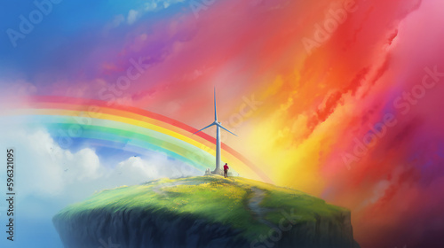 Wind turbine that stretches into the clouds and rainbow illustration. Generative Ai