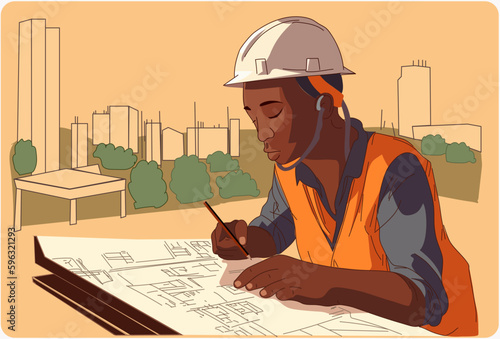 Afro architect working on a blueprint at a construction site.