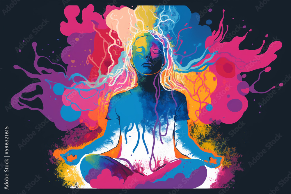 Psychic Waves | illustration of person sitting cross-legged with eyes closed, surrounded by a colorful aura that represents the psychic waves emanating from their mind. vibrant and bold colors. Ai