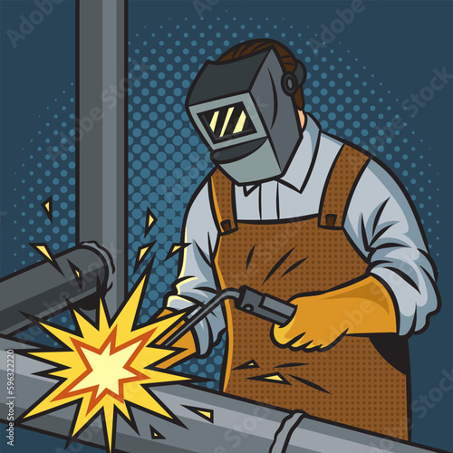 welder man at work pinup pop art retro vector illustration. Comic book style imitation.