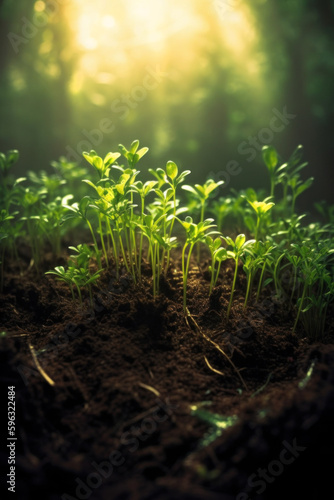green seedlings bathed in sunlight. Generative Ai