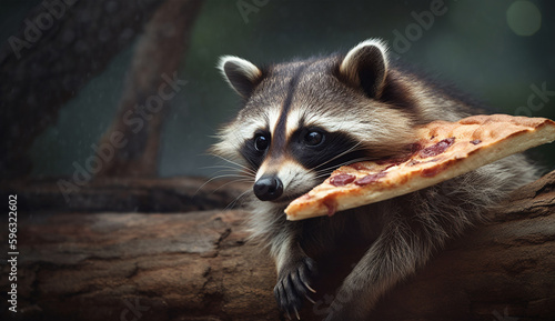 The raccoon eats pizza in nature , AI generated