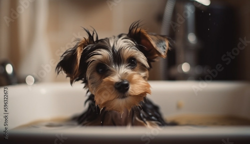 Cute puppy dog in bathtub , pets cleaning , Generative Ai