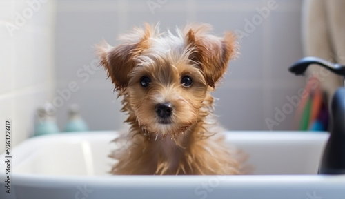 Cute puppy dog in bathtub , pets cleaning , Generative Ai