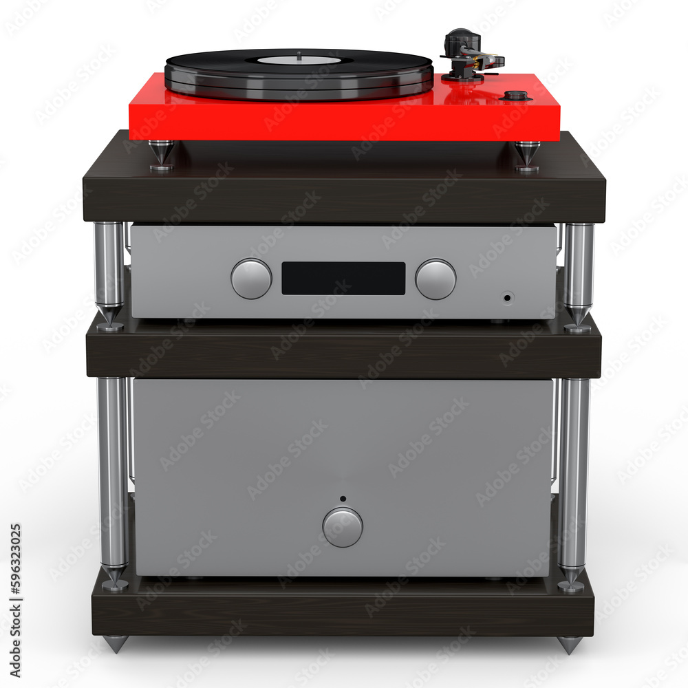 HiFi system with DJ turntable and amplifier on stand for home theater on white. HiFi system with DJ turntable and amplifier on stand for home theater on white.