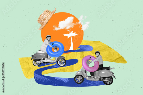 Photo collage funny senior couple man lady traveling vintage bikes low cheap prices resort pensioner sale colorful drawing picture