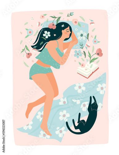 Pretty woman sleeping in bed. Self care, self love, harmony. Isolated illustration.