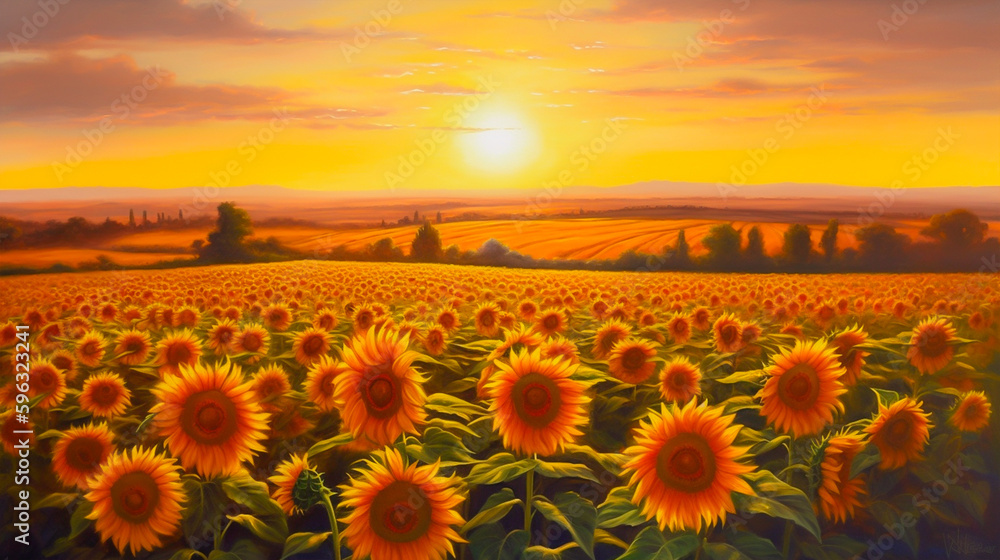 sunflower field in sunset in Hokkaido Japan, with Generative AI
