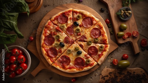 Close-up of delicious and appetizing pizza with melted cheese on a wooden board. Generative AI