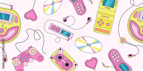 Vector Y2K horizontal seamless pattern with retro objects in cartoon style.