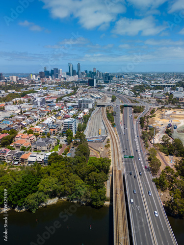 Vertical aerial shot of highway connecting to Perth CBD in Australia
