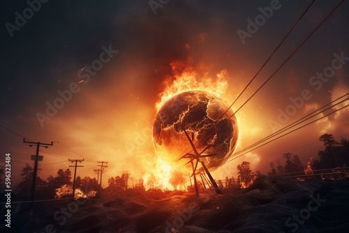 Burning planet linked by power lines signifies devastation by excessive use of electricity. Generative AI