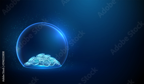 Abstract blue glass dome with pile of coins inside