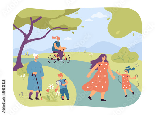 Happy people having fun in the park vector illustration. Cartoon drawing of boy with grandmother, child skipping with mother, girl riding bicycle. Outdoor activity, leisure, summer concept