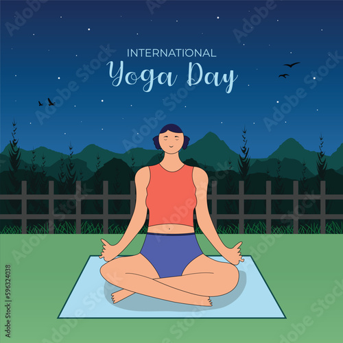 International Yoga Day illustration on June 21 with Woman Doing Body Posture Practice or Meditation Flat illustration