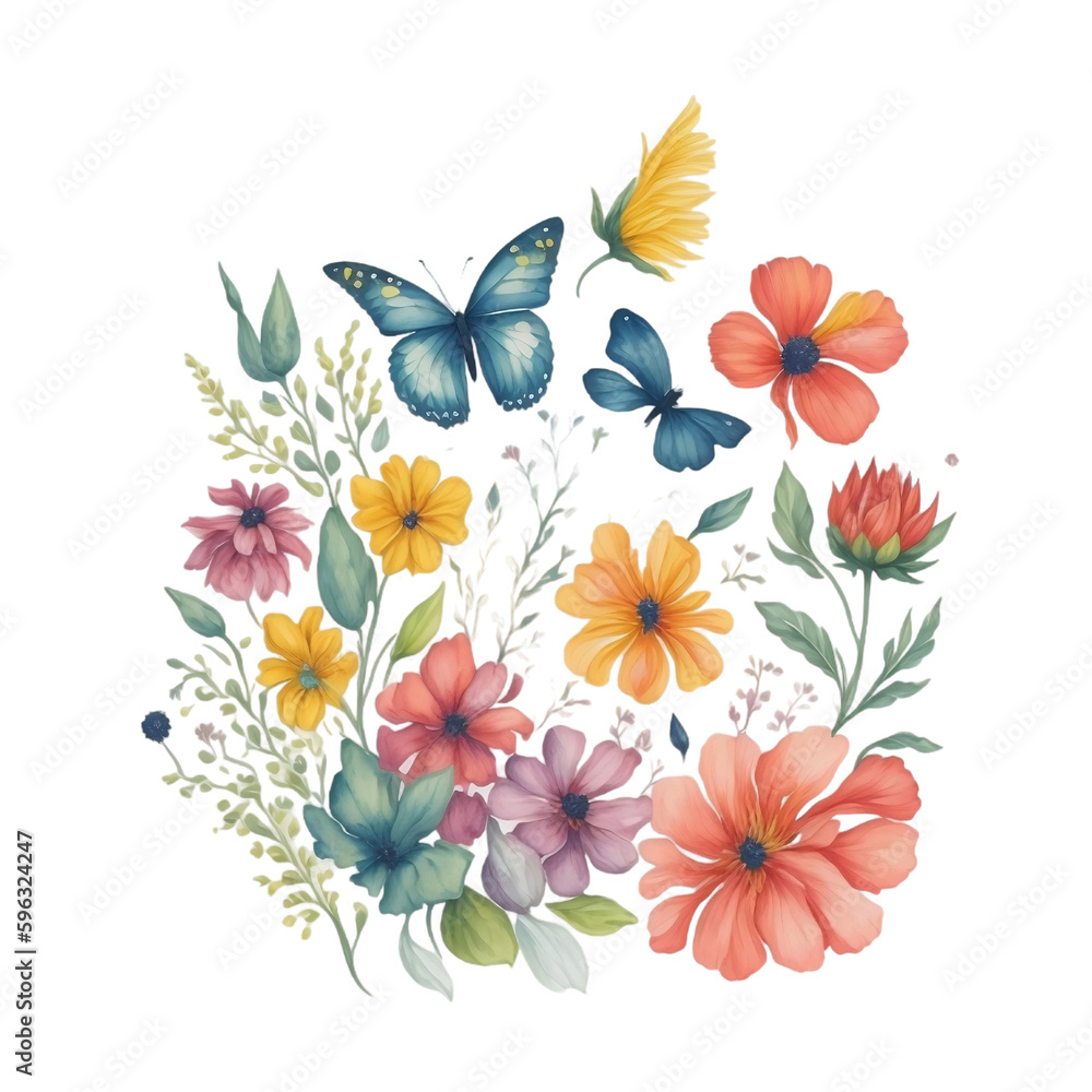Obraz premium Watercolor natural pattern of butterflies with floral and herbal elements. Ai generative art.