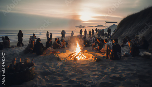 The group of young people are sitting around the bonfire on the beach and talking, singing songs. Generative ai. © kilimanjaro 