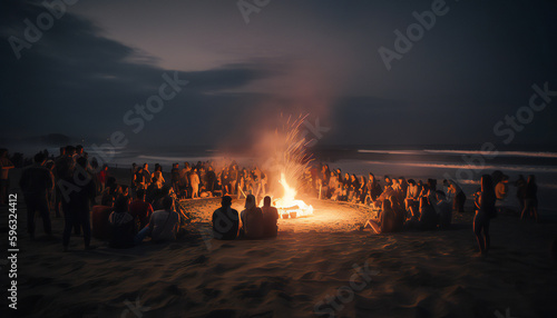 The group of young people are sitting around the bonfire on the beach and talking, singing songs. Generative ai.
