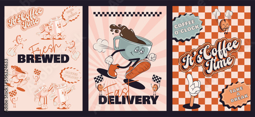  Coffee retro cartoon fast food posters. Comic character, slogan, quotes and other elements for burger bar, cafe, restaurant. Groovy funky vector illustration in trendy retro cartoon style.