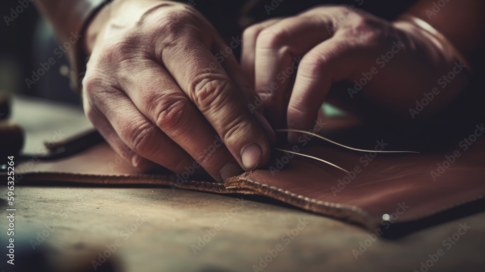 Fototapeta premium Man makes a leather wallet. Generative AI