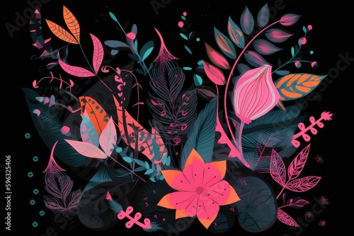 trippy plant-inspired design on black background with pink accents, created with generative ai