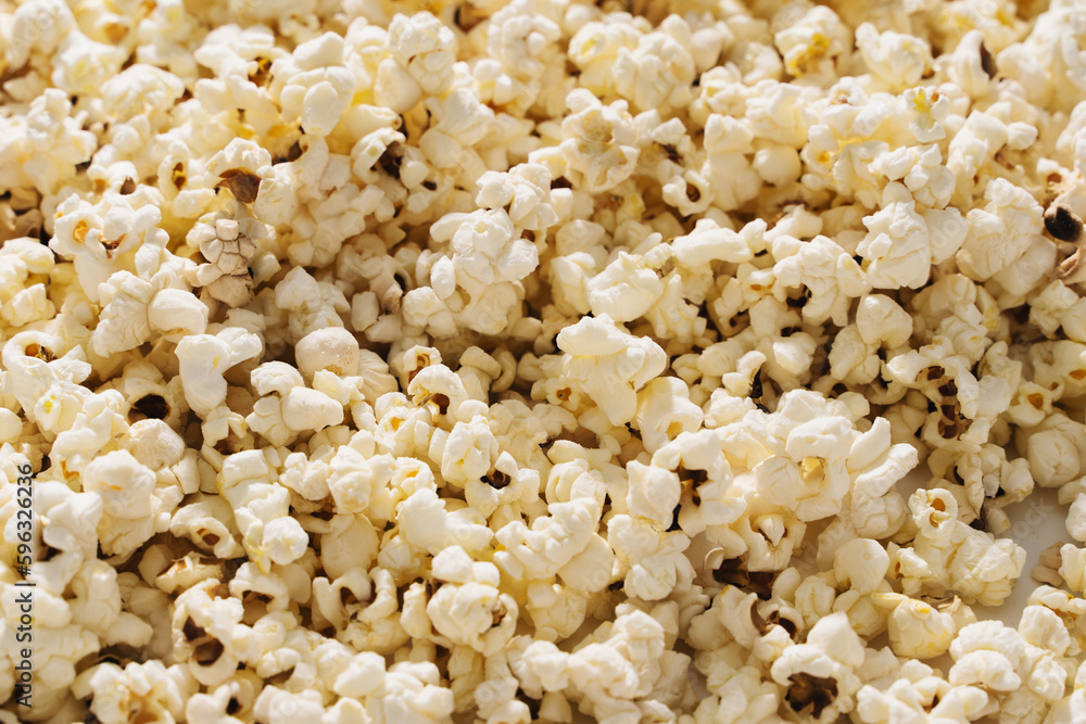 Closeup of scattered popcorn with hard lighting