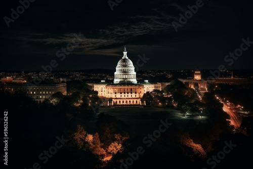 Nighttime view of the US Capitol. Generative AI