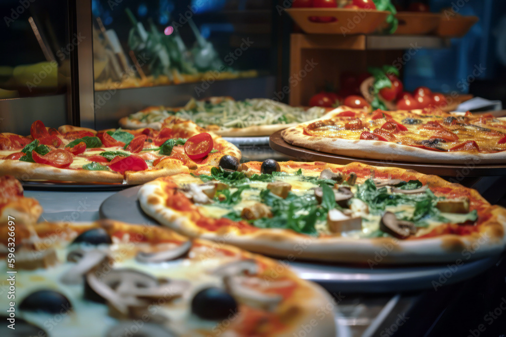 Pizza assortment in a shop display, close up. Delicious Italian street food. Generative AI Pizza assortment in a shop display, close up. Delicious Italian street food. Generative AI