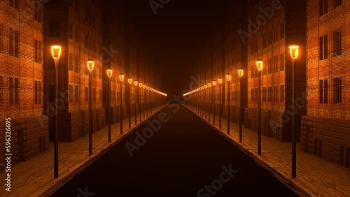 night street with street lights in a light fog, perspective, old, brick houses, cyclic animation, 3d render