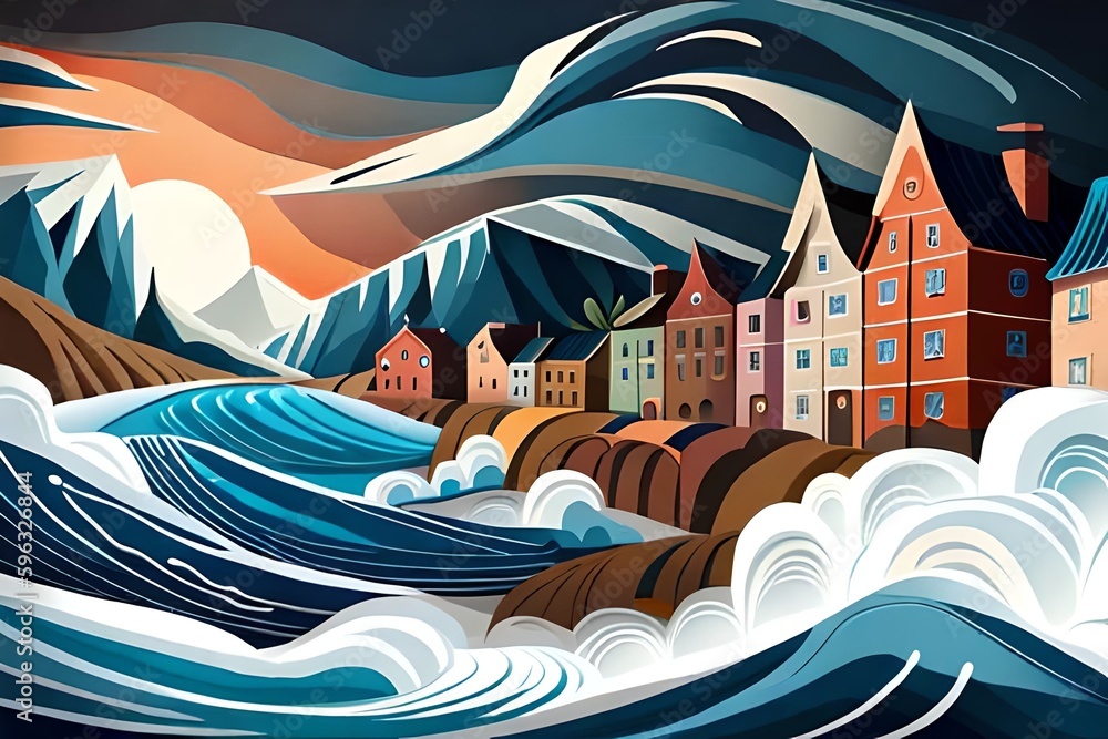 Fototapeta premium Coastal Retreat: A Serene and Scenic Ocean Landscape with Buildings and Waves