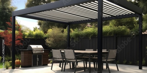 Canvas Print Modern patio furniture include a pergola shade structure, an awning, a patio roof, a dining table, seats, and a metal grill