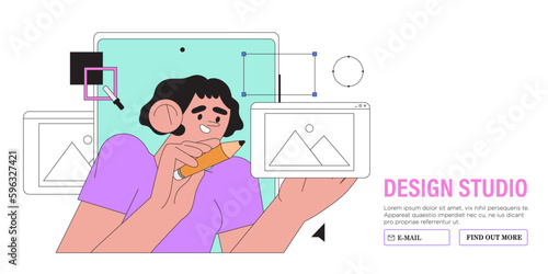 Woman working on website or application, ui ux design and programming. Design professional doing research and prototyping. Web studio or mobile application concept for banner, ads, landing page.