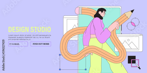 Woman working on website or application, ui ux design and programming. Design professional doing research and prototyping. Web studio or mobile application concept for banner, ads, landing page.
