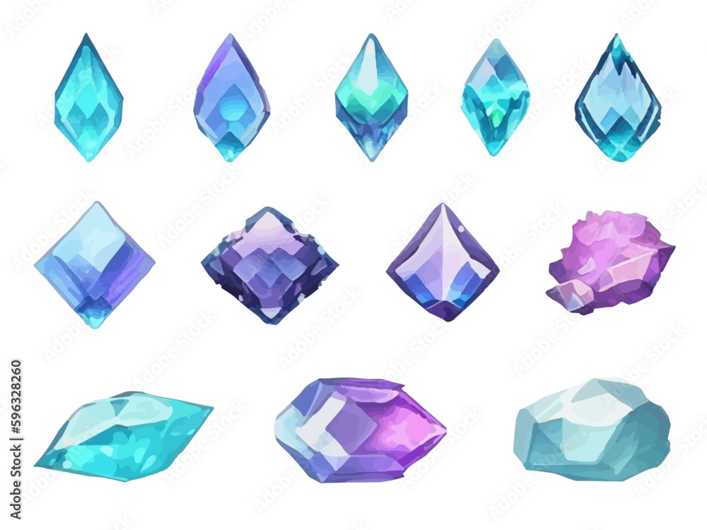 Crystal gems, vector gemstones and jewel icons. Isolated cartoon minerals, crystals and gemstones. Natural opal, emerald and diamond, ruby and topaz, quartz glass - obrazy, fototapety, plakaty 