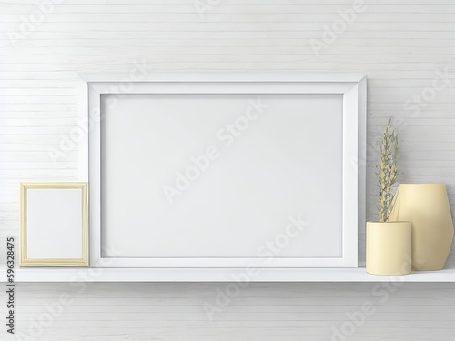 Mockup poster frame with a white wall in a minimalist interior. Generative AI.
