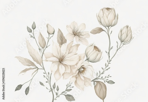 Beige Floral Sketch with Watercolor on White Background. 