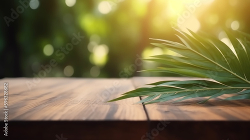 An empty wooden counter table top for product display showcase stage in a summer and palm leaves tropical background. Generative AI