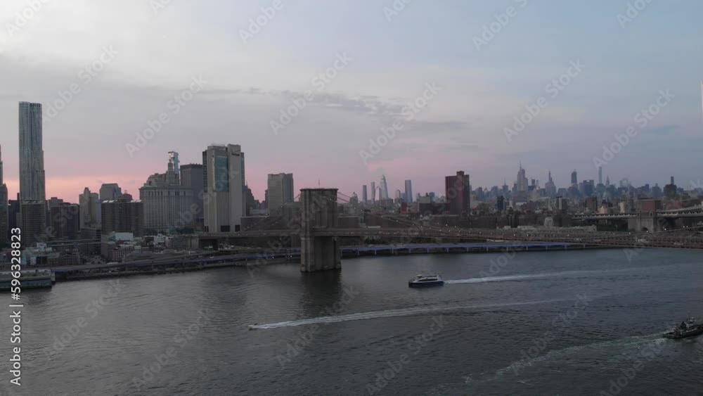 Aerial view on New York city from Brooklyn on sunset. High quality 4k footage Aerial view on New York city from Brooklyn on sunset. High quality 4k footage