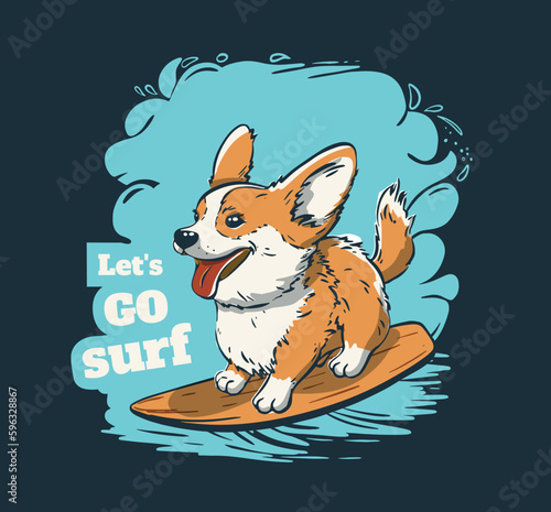 Corgi surfer cool summer t-shirt print. Dog ride surfboard on big wave. Slogan. Beach funny child wear illustration. Pet tropical sea surf sport kids typography fashion