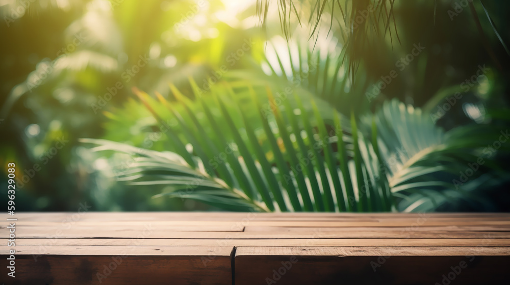 An empty wooden counter table top for product display showcase stage in a summer and palm leaves tropical background. Generative AI An empty wooden counter table top for product display showcase stage in a summer and palm leaves tropical background. Generative AI
