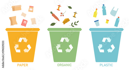 Sorting garbage by material and type in colored trash cans. Waste segregation. Separating and recycling garbage. Vector illustration
