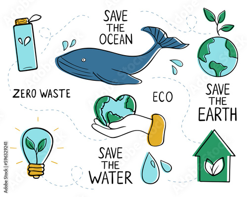 Set of elements of environmental problem, green energy saving in doodle style. Environment and ocean conservation concept. Vector illustration