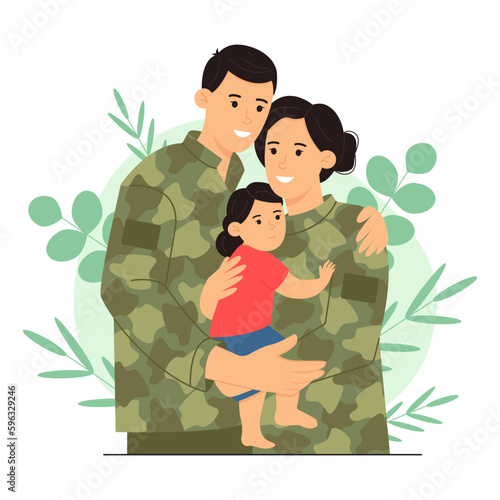 Happy family. Man and a woman hold their child in their arms. Woman and a man in military uniform. A family of military personnel. Vector illustration