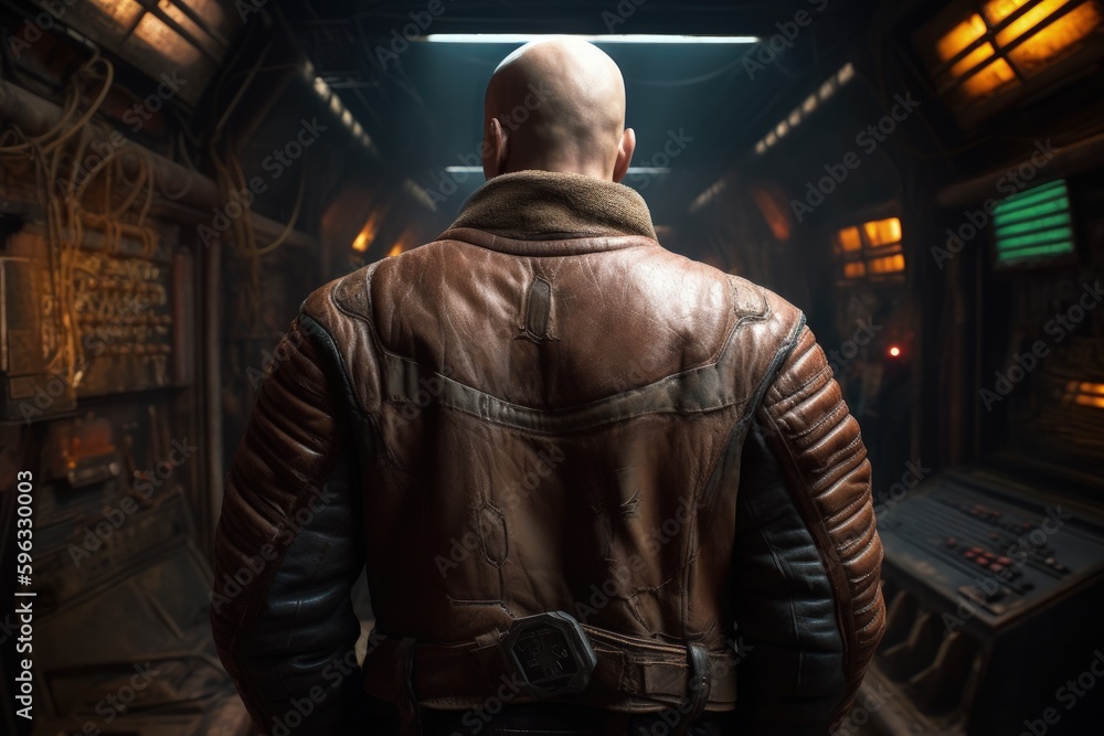 Illustration of bald man in jacket, bounty hunter inside a spaceship, fiction concept. Generative AI