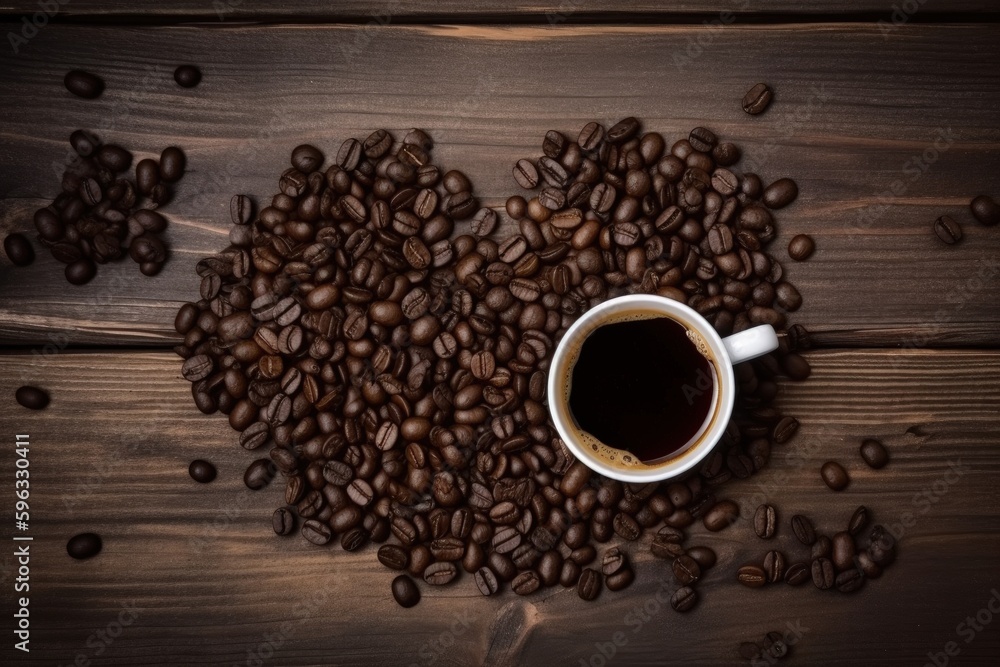 Illustration of coffee cup and scattered coffee beans, wooden background. Generative AI Illustration of coffee cup and scattered coffee beans, wooden background. Generative AI
