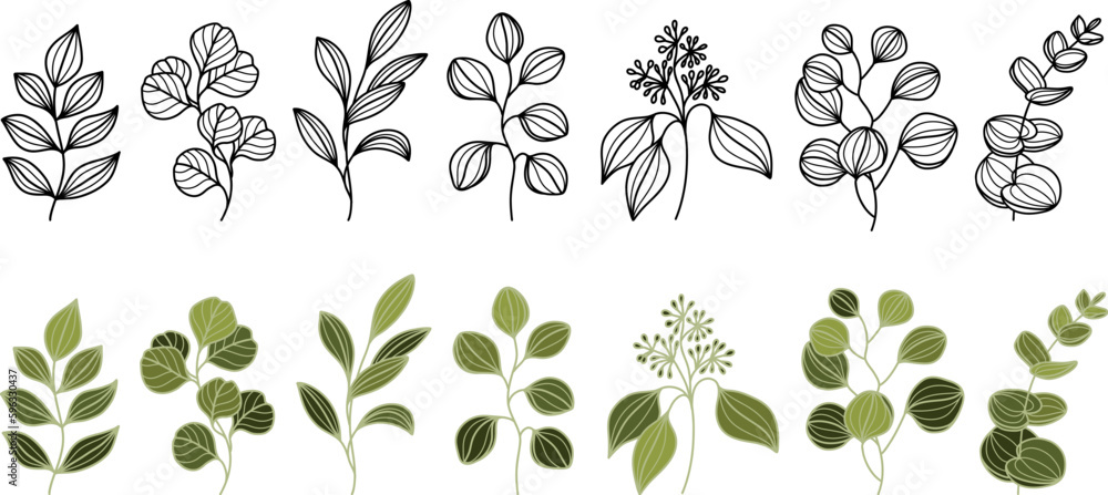 Set of Eucalyptus branches, leaves, twigs and logo. Trendy botanical lineart elements. Hand drawn line greenery graphic. Wedding elegant design elements, herbs for invitation, save the date, card. Vec Set of Eucalyptus branches, leaves, twigs and logo. Trendy botanical lineart elements. Hand drawn line greenery graphic. Wedding elegant design elements, herbs for invitation, save the date, card. Vec